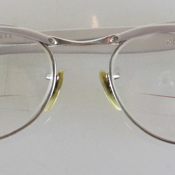 Gold Filled 1950's Mid Century Artcraft Aluminum Made in U.S.A. Bi-focal lenses. ARTCRAFT M/C 41/4 51/2 ALUM U.S.A scrollwork on frames