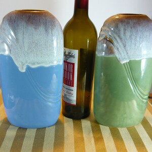 Pair Vintage 1940‘s Ice-cream Oval blue & green Glaze Drip Pottery vase - Art Deco look