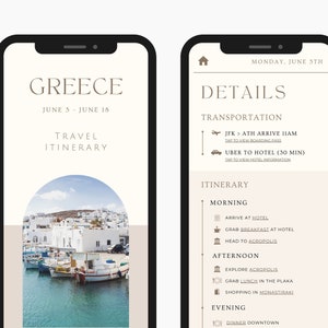 Travel Itinerary Mobile Template Modern Minimal Classic, Editable on Canva, Printable, Digital Template Download, Traveling Guide Greece