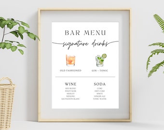 Hochzeit Bar Menü Vorlage, auf Canva bearbeiten, Getränke Menü Vorlage Digital Download, Minimal Modern Classic, Anpassbare Menü Vorlage