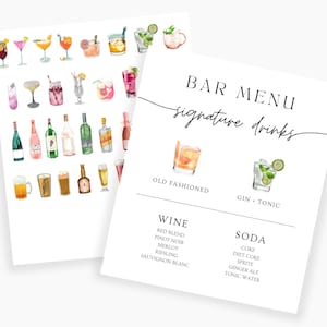 May include: A bar menu with watercolor illustrations of drinks. The menu lists signature drinks, wine, and soda options. The signature drinks are an Old Fashioned and a Gin & Tonic.