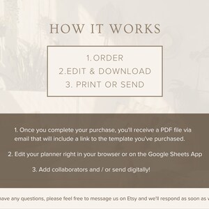 May include: How it works: Order, edit and download, print or send.  A digital planner can be edited in a web browser or Google Sheets app.  Collaborators can be added and the planner can be sent digitally.
