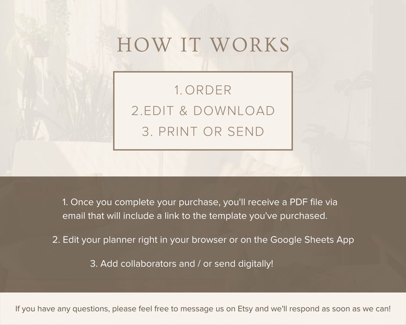 May include: How it works: Order, edit and download, print or send.  A digital planner can be edited in a web browser or Google Sheets app.  Collaborators can be added and the planner can be sent digitally.