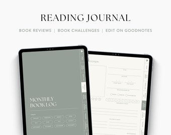 Plantilla de diario de lectura digital para iPad y tableta, diario de lectura moderno mínimo, registro de libros, diario de libros para Goodnotes / SAGE GREEN