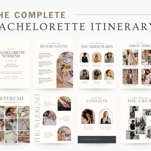 May include: A printable bachelorette weekend itinerary template with a minimalist aesthetic. The template includes sections for reservations, the bridesmaids, Friday attire, weekend activities, contacts, and the crew. The template features a neutral color palette with black, white, and brown accents.