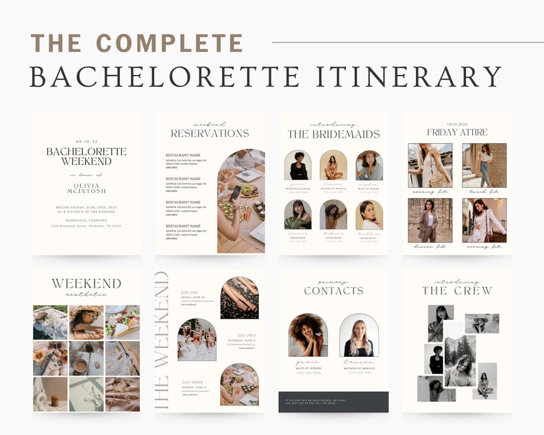 May include: A printable bachelorette weekend itinerary template with a minimalist aesthetic. The template includes sections for reservations, the bridesmaids, Friday attire, weekend activities, contacts, and the crew. The template features a neutral color palette with black, white, and brown accents.