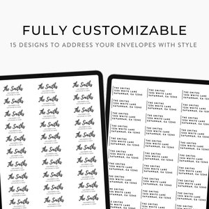 Peut inclure: Un &eacute;cran num&eacute;rique affichant 15 designs diff&eacute;rents pour des &eacute;tiquettes d'adresse. Les &eacute;tiquettes pr&eacute;sentent le texte "The Smiths" et une adresse avec le nom de la rue "White Lane", la ville "Savannah" et l'&eacute;tat "GA".