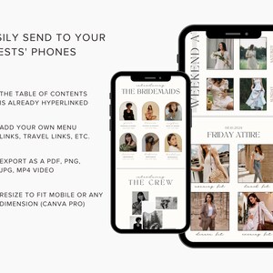 May include: A digital template for a wedding weekend itinerary with a white background and black text. The template includes sections for the bridesmaids, the crew, and the Friday attire. The Friday attire section includes photos of different outfits for a wedding weekend.