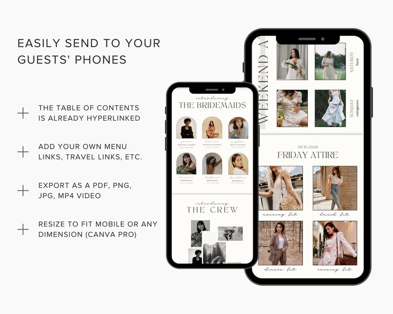 May include: A digital template for a wedding weekend itinerary with a white background and black text. The template includes sections for the bridesmaids, the crew, and the Friday attire. The Friday attire section includes photos of different outfits for a wedding weekend.