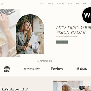May include: Website homepage for a business called Lyla James. The website features a woman in a gray blazer holding a laptop, and the text "Let's bring your vision to life with content that converts". The website also features logos for NBC, The Washington Post, Forbes, and CBS.