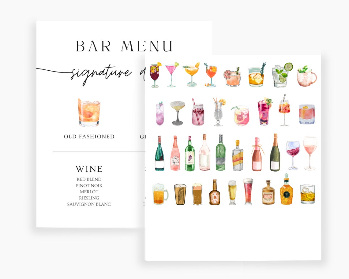 Wedding Bar Menu Template Edit on Canva Drinks Menu Template - Etsy
