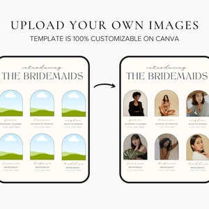 May include: A digital template for a bridesmaid announcement card. The template features a series of arched frames with green and blue backgrounds. Each frame has a space for a photo and text for the bridesmaid's name, title, and phone number. The text "introducing the bridesmaids" is at the top of the template.