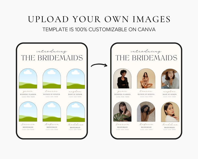 May include: A digital template for a bridesmaid announcement card. The template features a series of arched frames with green and blue backgrounds. Each frame has a space for a photo and text for the bridesmaid's name, title, and phone number. The text "introducing the bridesmaids" is at the top of the template.