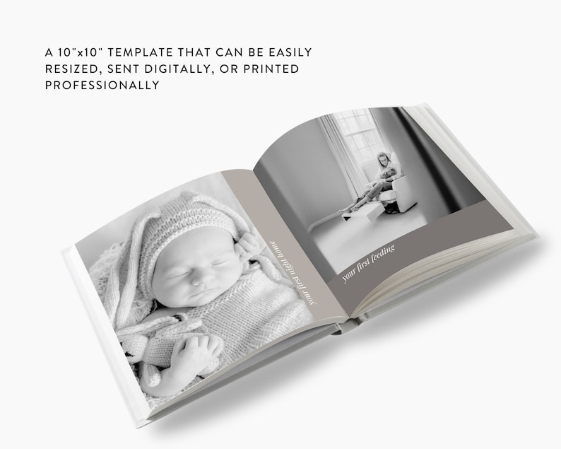 Puede incluir: Un &aacute;lbum de fotos en blanco y negro con un beb&eacute; durmiendo con un gorro de punto en la p&aacute;gina izquierda y una mujer sentada en una silla en la p&aacute;gina derecha. El texto "your first night home" y "your first feeding" est&aacute; impreso en las p&aacute;ginas.