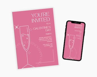 Galentine's Day Party Invitation Vertical, Edit on Canva, Digital Download, Printable Template Card, Digital Mobile Valentine's Party Invite