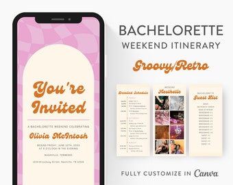 Bachelorette Reiseplan Vorlage, Groovy Retro, bearbeitbar auf Canva, druckbare bearbeitbare Vorlage, Wochenendplaner Digital Template Download