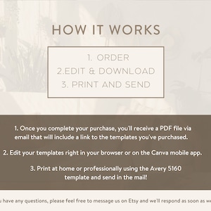 Peut inclure: Comment &ccedil;a marche&nbsp;: commander, modifier et t&eacute;l&eacute;charger, imprimer et envoyer. Instructions pour utiliser des mod&egrave;les imprimables. Une fois votre achat termin&eacute;, vous recevrez un fichier PDF par e-mail qui comprendra un lien vers les mod&egrave;les que vous avez achet&eacute;s. Modifiez vos mod&egrave;les directement dans votre navigateur ou sur l&rsquo;application mobile Canva. Imprimez &agrave; la maison ou de mani&egrave;re professionnelle en utilisant le mod&egrave;le Avery 5160 et envoyez par courrier&nbsp;!