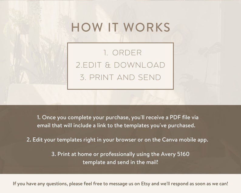 Peut inclure: Comment &ccedil;a marche&nbsp;: commander, modifier et t&eacute;l&eacute;charger, imprimer et envoyer. Instructions pour utiliser des mod&egrave;les imprimables. Une fois votre achat termin&eacute;, vous recevrez un fichier PDF par e-mail qui comprendra un lien vers les mod&egrave;les que vous avez achet&eacute;s. Modifiez vos mod&egrave;les directement dans votre navigateur ou sur l&rsquo;application mobile Canva. Imprimez &agrave; la maison ou de mani&egrave;re professionnelle en utilisant le mod&egrave;le Avery 5160 et envoyez par courrier&nbsp;!