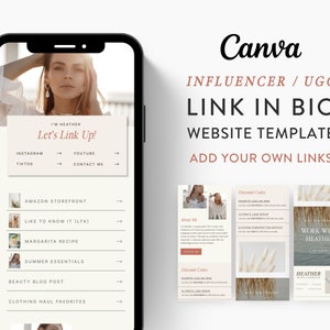 Può includere: Lo schermo di un telefono cellulare che mostra un modello di sito web per influencer dei social media. Il modello presenta uno sfondo marrone chiaro con un bordo bianco e include link a account di social media, un blog e altre risorse online. Il testo "Let's Link Up!" è visualizzato in grassetto nella parte superiore dello schermo.