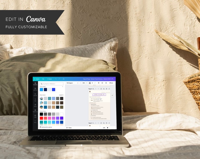 May include: A laptop computer open to a Canva design page with a list of items and a color palette. The laptop is on a bed with a white and green blanket.