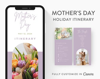 Mother&#39;s Day Itinerary Template, Editable on Canva, Printable Editable Template, Holiday Planner Digital Template Download