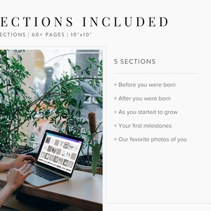 Puede incluir: Un ordenador port&aacute;til con una pantalla que muestra un &aacute;lbum de fotos de im&aacute;genes. El port&aacute;til est&aacute; sobre una mesa delante de una mujer. El texto en la pantalla dice "SECTIONS INCLUDED 5 SECTIONS | 60+ PAGES | 10"x10"".