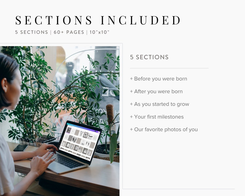 Puede incluir: Un ordenador port&aacute;til con una pantalla que muestra un &aacute;lbum de fotos de im&aacute;genes. El port&aacute;til est&aacute; sobre una mesa delante de una mujer. El texto en la pantalla dice "SECTIONS INCLUDED 5 SECTIONS | 60+ PAGES | 10"x10"".