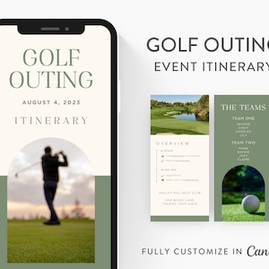 May include: A mobile phone screen displaying a golf outing itinerary for August 4, 2023. The itinerary includes an overview of the day's events, a list of the teams participating, and the location of the Valley Hill Golf Club. The image also features a golfer swinging a club on a green golf course.