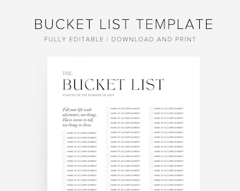 Bucket List Template, Printable Bucket List Edit on Canva, Instant Download Wall Art Travel Bucket List Tracker Custom, Modern Minimal Art