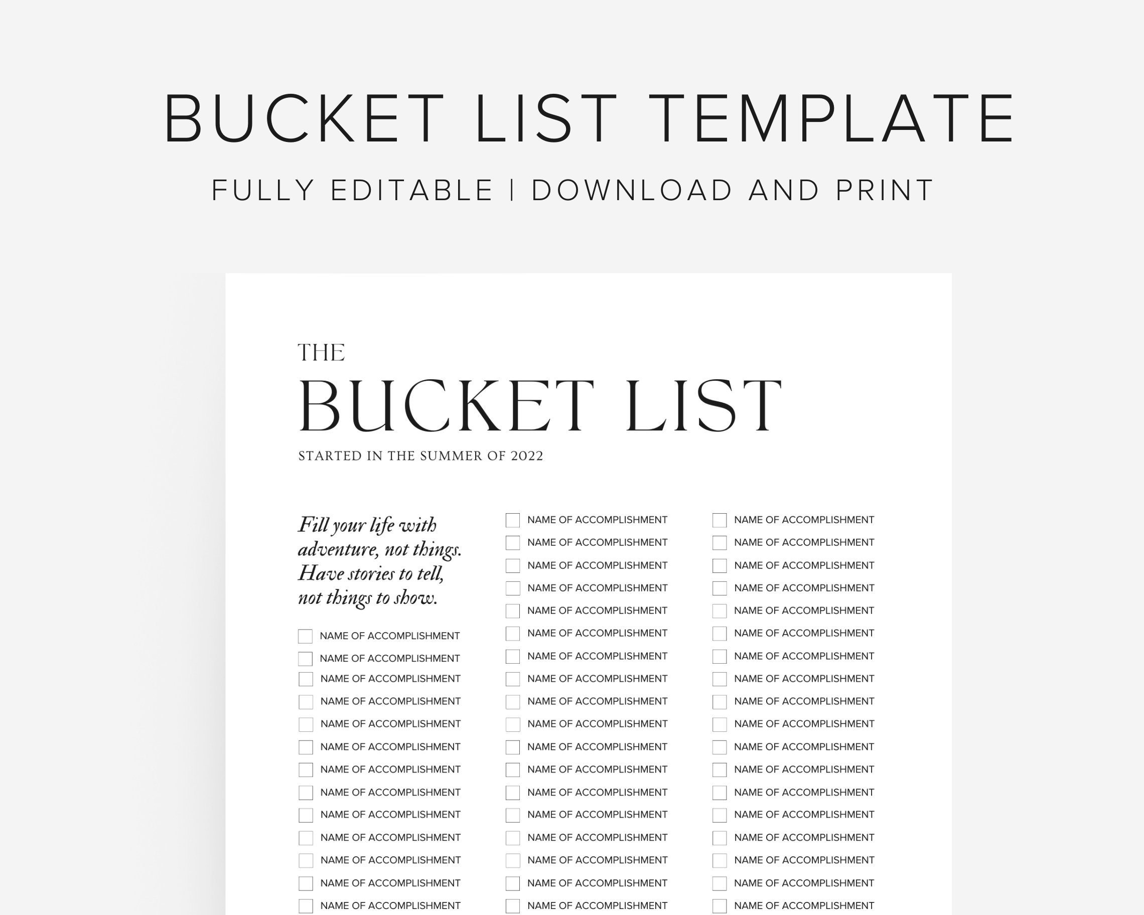 Bucket List Template, Printable Bucket List Edit on Canva, Instant ...