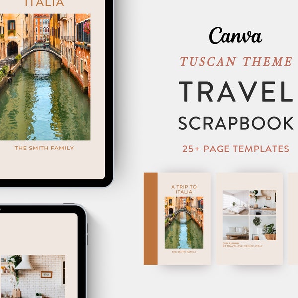 Digital Travel Scrapbook Template, Printable Travel Photo Album, Vacation Photograph Journal | Edit on Canva | Modern | TUSCAN THEME