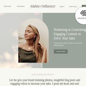 May include: A woman with long blonde hair is smiling and looking off to the side. She is wearing a green off-the-shoulder top and a gold necklace. The text "Promoting & Generating Engaging Content to Drive Your Sales" is displayed on a green background.
