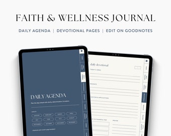 Plantilla devocional digital para iPad y tableta, Diario minimalista moderno de fe y bienestar, Devocional bíblico cristiano para Goodnotes / Azul