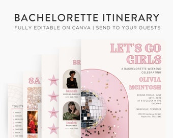 Bachelorette Itinerary Nashville Digital Template | Complete Bachelorette Planner | Edit on Canva | Customizable, Pink, Modern, Yeehaw