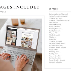 May include: A laptop computer displaying a wedding weekend planner with a collage of photos on the screen. The planner includes a table of contents, key dates, a detailed schedule, and a guest list. The laptop is on a white table with a person's hands typing on the keyboard.