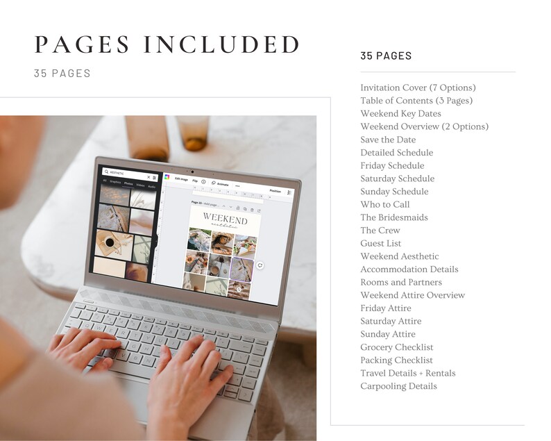 May include: A laptop computer displaying a wedding weekend planner with a collage of photos on the screen. The planner includes a table of contents, key dates, a detailed schedule, and a guest list. The laptop is on a white table with a person's hands typing on the keyboard.