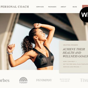 May include: Website screenshot for a personal coach. The top banner includes the text "PERSONAL COACH", navigation links, and a contact button. The image features a woman in athletic wear with the text "ACHIEVE THEIR HEALTH AND WELLNESS GOALS".