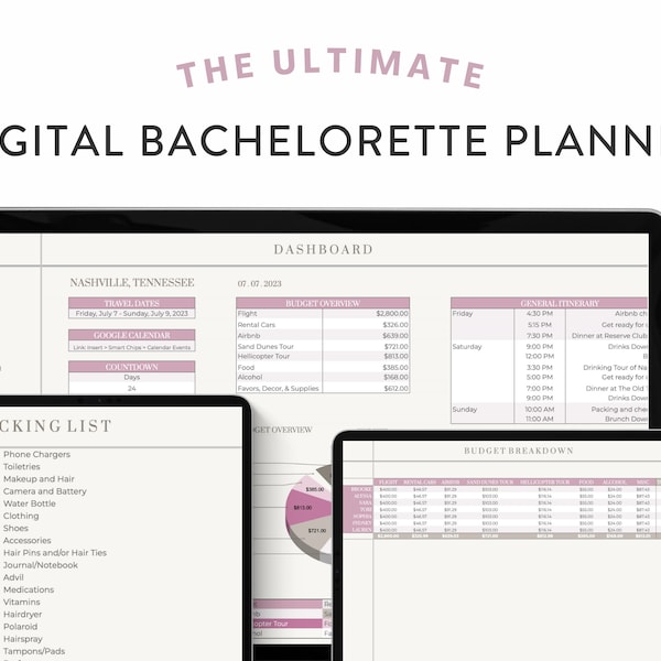 Plantilla digital Ultimate Bachelorette Planner / Google Sheets, plantilla de guía de despedida de soltera itinerario de despedida de soltera editable