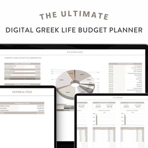 Könnte beinhalten: Ein digitaler Budgetplaner für griechische Lebensgemeinschaften. Der Planer enthält ein Dashboard mit einem Kreisdiagramm, das die Budgetallokation zeigt, eine Tabelle für allgemeine Gebühren und eine Tabelle für Vorstandsmitglieder. Der Planer soll griechischen Lebensgemeinschaften helfen, ihre Finanzen zu verwalten.