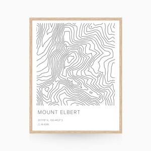 May include: A black and white topographic map print of Mount Elbert, the highest peak in the Rocky Mountains. The print includes the mountain's name, coordinates, and elevation: 39.1178° N, -106.4453° S, 14,433 ft.