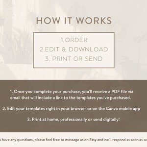 Puede incluir: Una ilustraci&oacute;n digital que muestra c&oacute;mo ordenar, editar y descargar plantillas imprimibles. El texto dice "HOW IT WORKS", "1. ORDER", "2. EDIT & DOWNLOAD", "3. PRINT OR SEND", "1. Una vez que completes tu compra, recibir&aacute;s un archivo PDF por correo electr&oacute;nico que incluir&aacute; un enlace a las plantillas que has comprado.", "2. Edita tus plantillas directamente en tu navegador o en la aplicaci&oacute;n m&oacute;vil Canva", "3. Imprime en casa, profesionalmente o env&iacute;a digitalmente!" y "Si tienes alguna pregunta, no dudes en enviarnos un mensaje en Etsy y te responderemos lo antes posible!"