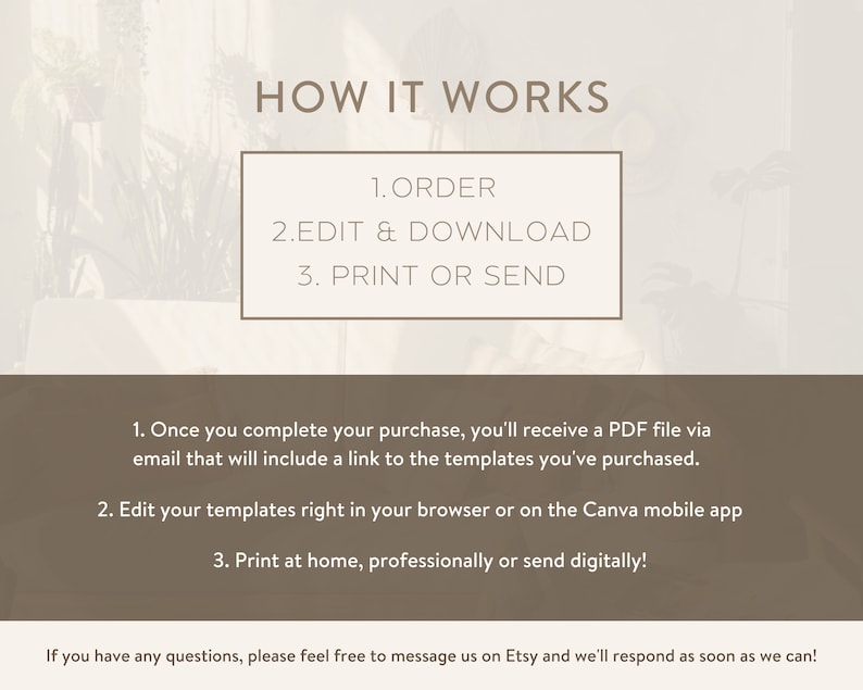 Puede incluir: Una ilustraci&oacute;n digital que muestra c&oacute;mo ordenar, editar y descargar plantillas imprimibles. El texto dice "HOW IT WORKS", "1. ORDER", "2. EDIT & DOWNLOAD", "3. PRINT OR SEND", "1. Una vez que completes tu compra, recibir&aacute;s un archivo PDF por correo electr&oacute;nico que incluir&aacute; un enlace a las plantillas que has comprado.", "2. Edita tus plantillas directamente en tu navegador o en la aplicaci&oacute;n m&oacute;vil Canva", "3. Imprime en casa, profesionalmente o env&iacute;a digitalmente!" y "Si tienes alguna pregunta, no dudes en enviarnos un mensaje en Etsy y te responderemos lo antes posible!"