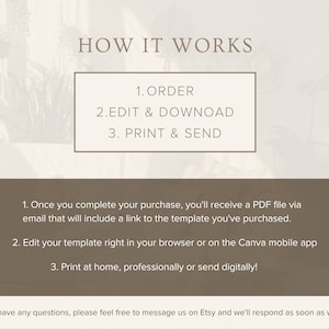 May include: How it works: Order, edit and download, print and send.  A Canva template can be edited in a web browser or on a mobile app.  Print at home, professionally, or send digitally.