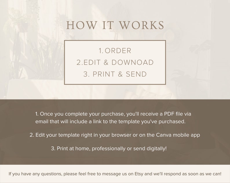 May include: How it works: Order, edit and download, print and send.  A Canva template can be edited in a web browser or on a mobile app.  Print at home, professionally, or send digitally.