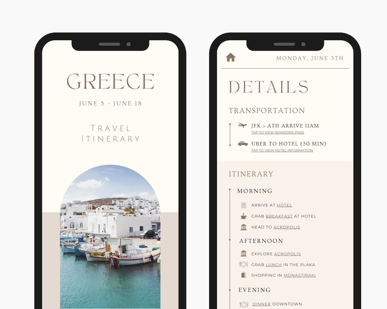May include: A mobile phone screen displaying a travel itinerary for a trip to Greece from June 5th to June 18th. The itinerary includes transportation details, a daily schedule, and a photo of a Greek island.