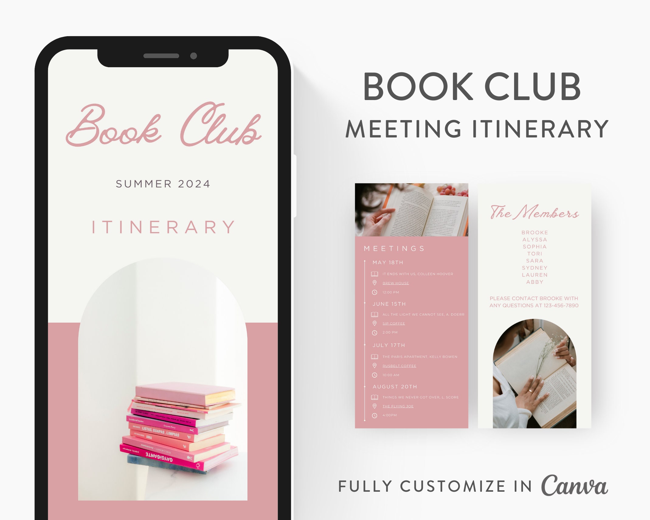 Book Club Itinerary Template, Editable on Canva, Printable Editable Template, Meeting Planner Digital Template Download