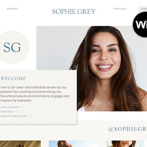 May include: A website design featuring the name "SOPHIE GREY" in teal, with a photo of a smiling woman. The site includes sections labeled "ABOUT", "SERVICES", "PORTFOLIO", and "CONTACT". A welcome message is displayed, along with a Wix logo.