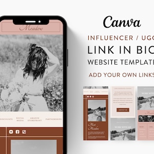 Può includere: Lo schermo di un telefono cellulare che mostra un modello di sito web per influencer dei social media. Il modello presenta una foto in bianco e nero di una donna che tiene dei fiori, con uno schema di colori marrone e bianco. Il testo "Meadow" appare nella parte superiore dello schermo e il sito web include link ai social media, sconti, un negozio Amazon e partnership.