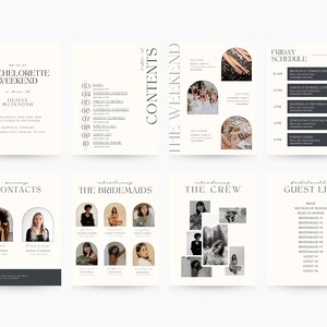 May include: A bachelorette weekend itinerary with a schedule of events, a list of contacts, a guest list, and a list of bridesmaids and crew members. The design features a white background with black text and images of the bride and her friends.