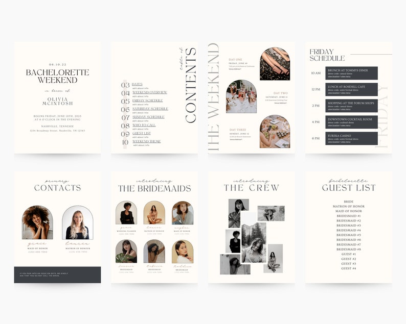 May include: A bachelorette weekend itinerary with a schedule of events, a list of contacts, a guest list, and a list of bridesmaids and crew members. The design features a white background with black text and images of the bride and her friends.